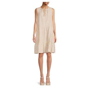 J. McLaughlin Christa Linen Dress Tassel Tiered Shift Neutral Tan Sleeveless LG